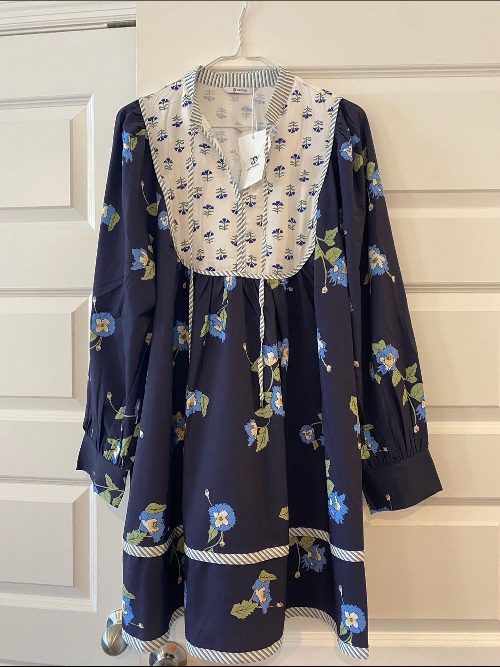 Women’s Navy Floral Long-Sleeve Dress with Contrast Bib